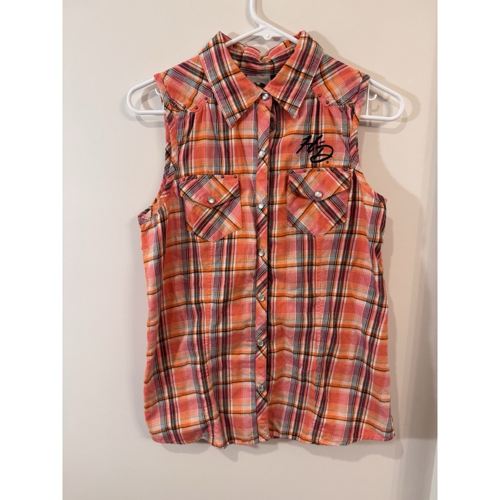 Harley-Davidson Orange Plaid Sleeveless Button Down Shirt
